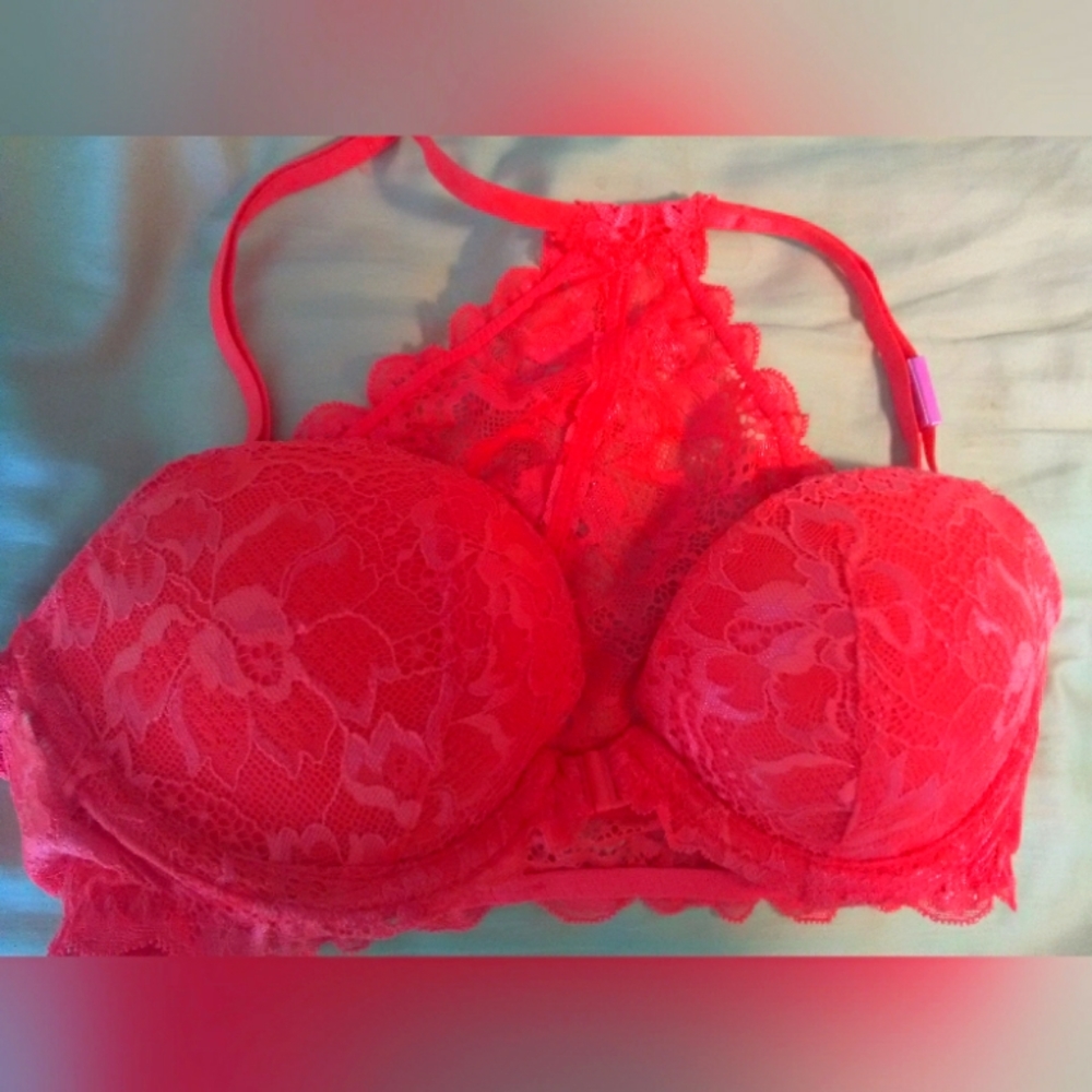 BNWT NEON ORANGE LACE SZ.32C PUSH UP BRA FRONT SNAP BEAUTIFUL PINK VICTORIA SECR